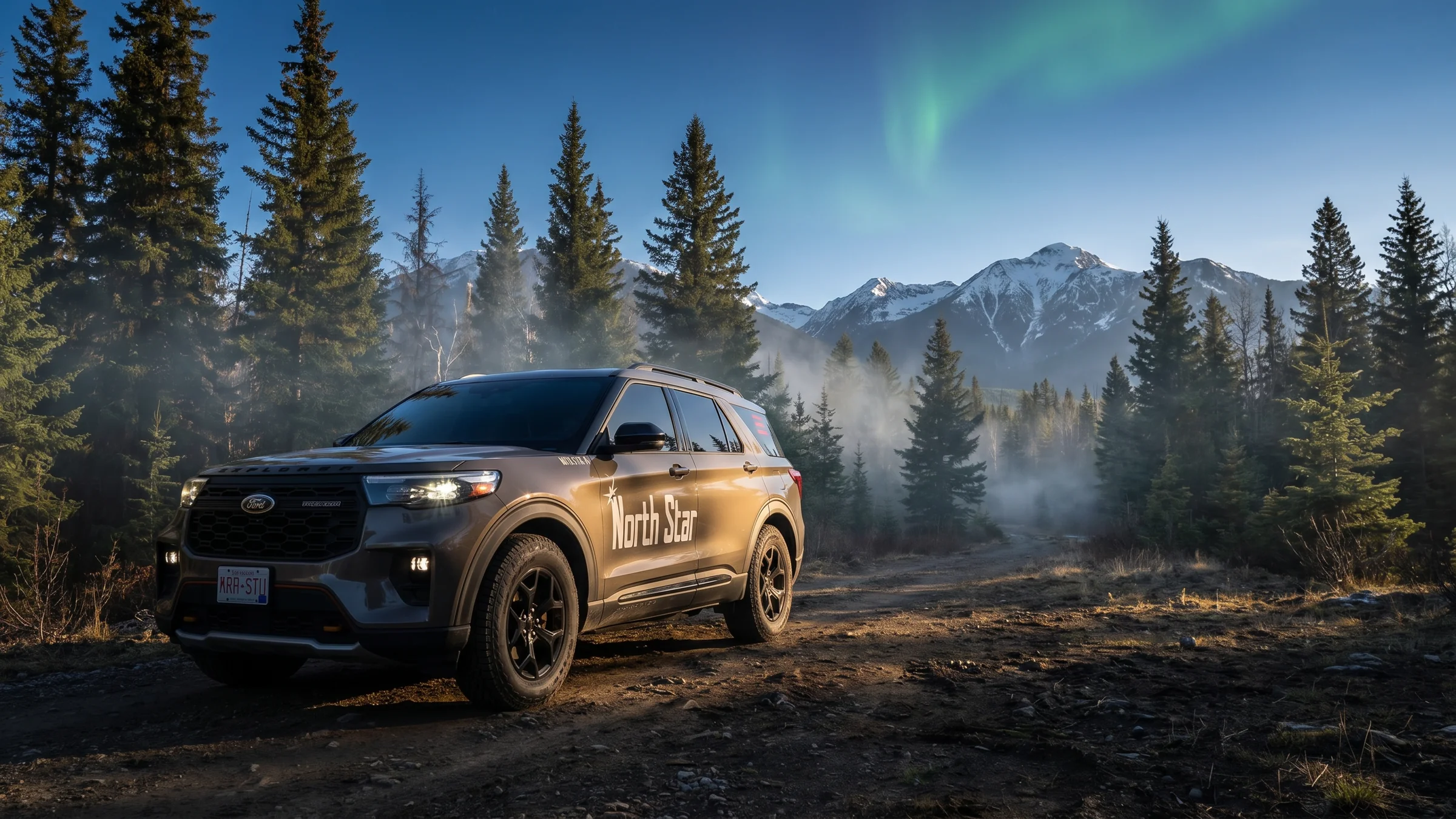 NRTHSTR-V1, a 2026 Ford Explorer Tremor parked in remote northern wilderness at golden hour with aurora borealis overhead
